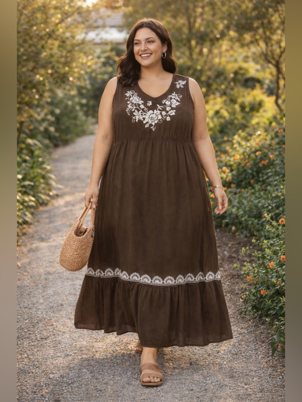 JW Los Angeles Brown Embroidered Boho Dress 1X Midi Floral Empire Waist